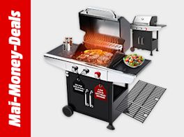 Gasgrill mit Grillgut, Seitenbrenner und Grillrost, schwarz und silber