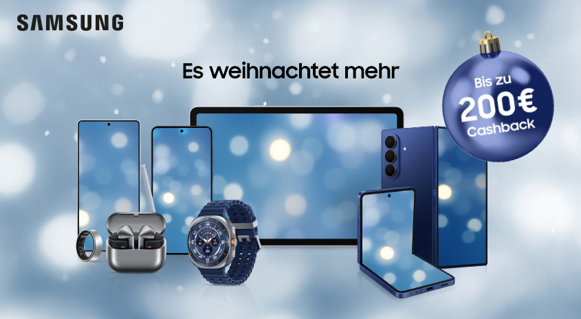 Samsung: ES weihnachtet sehr. Smartphone, Watch, Tablet und Buds zu sehen mit einer Weihnachtskugel "Bis zu 200€ Cashback"