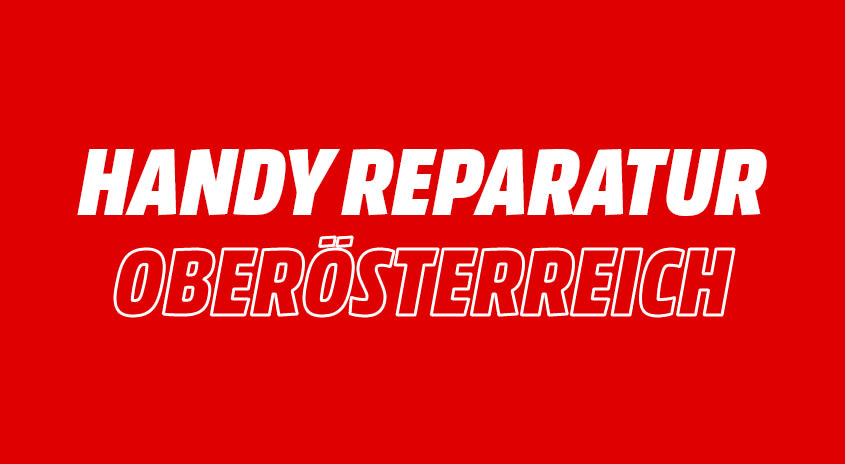 Bild mit rotem Hintergrund. Text im Bild: Handy Reparatur Oberösterreich