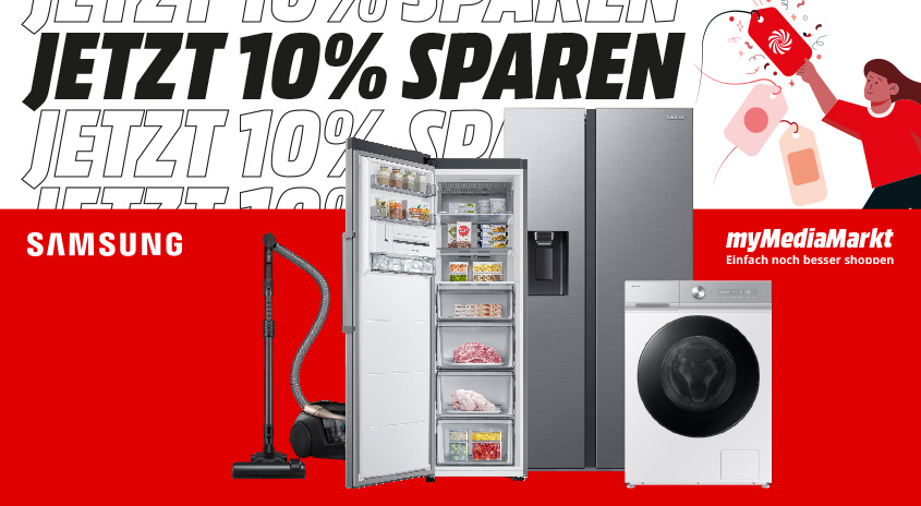 Werbung für Samsung-Geräte mit Text "Jetzt 10% sparen". Zu sehen sind Staubsauger, Kühlschrank und Waschmaschine.