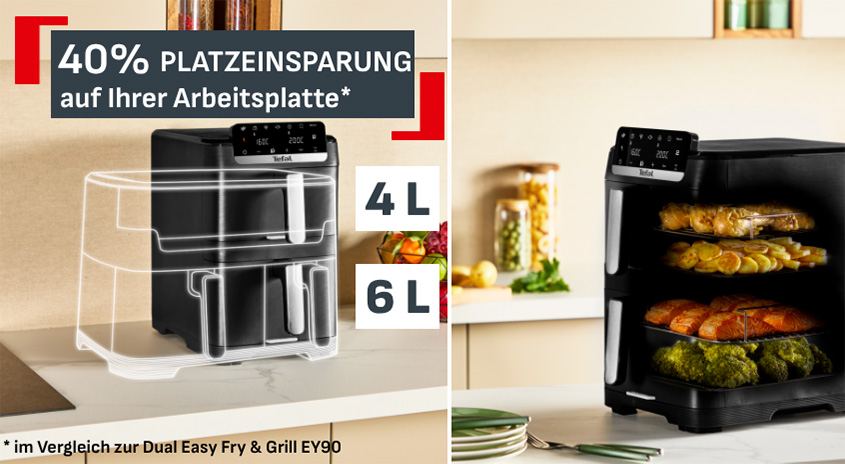 Heißluftfritteuse Tefal Easy Fry Crispy Stack: 40% Platzeinsparung auf Ihrer Arbeitsplatte. 