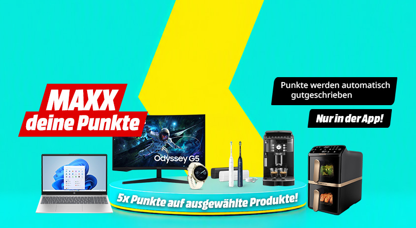 Produkt-Collage mit der Headline: Max deine Punkte. 5x Punkte auf ausgewählte Produkte. Nur in der App.