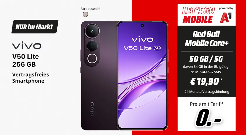 vivo v50 Lite, 256 GB, verschiedene Farben, vertragsfrei im Markt, mit Red Bull MOBILE Core+ Tarif um € 0,-