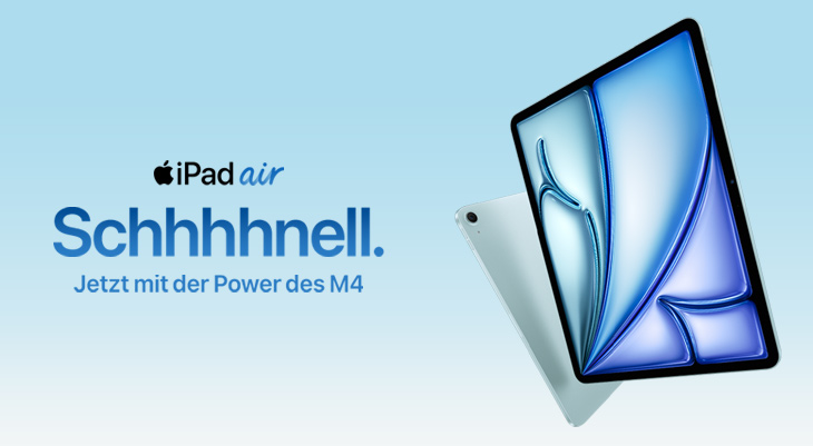Bild des Apple iPad Air mit M4‑Chip, schräg von vorn und hinten gezeigt, vor blauem Verlaufshintergrund mit dem Slogan „Schhhhnell. Jetzt mit der Power des M4.“