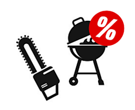 Schwarzes Symbol eines Grillers und einer Säge. Ein rotes Prozentzeichen auf dem Bild soll ein Hinweis auf Angebote im Bereich Garten & Griller" sein.