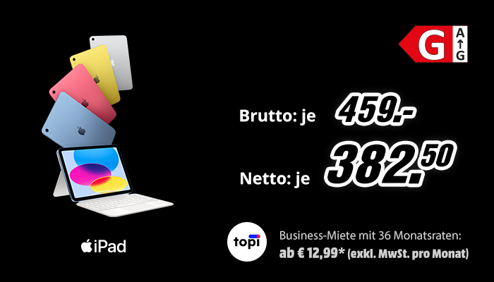 Grafik zu Apple iPad mit Tastatur-Cover in den Farben Silber, Gelb, Pink und Blau, Energieeffizienzklasse G. Brutto-Preis 459,- Euro, Netto-Preis 382,50 Euro. Business-Miete mit 36 Monatsraten ab 12,99 Euro exkl. MwSt. pro Monat über topi.