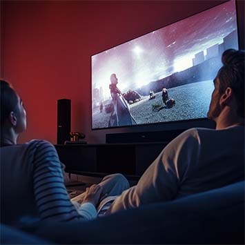 Ein Fernseher zeigt eine Kampfszene mit einer Frau und einem Mann vor einem roten Hintergrund.