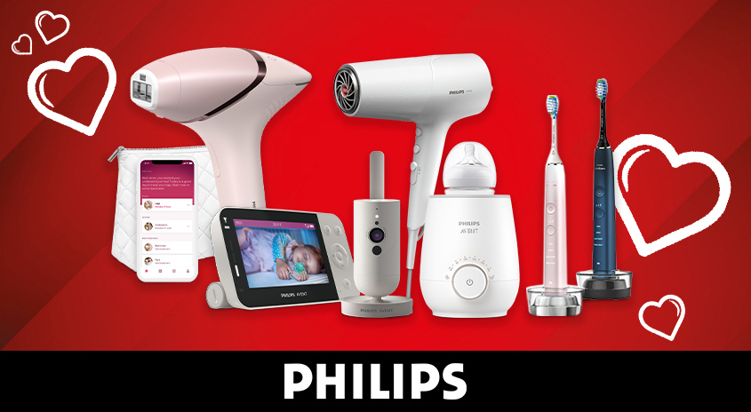 Auf rotem Grund sind verschiedene Philips-Geräte wie Haartrockner, Babyphone und Zahnbürsten abgebildet.