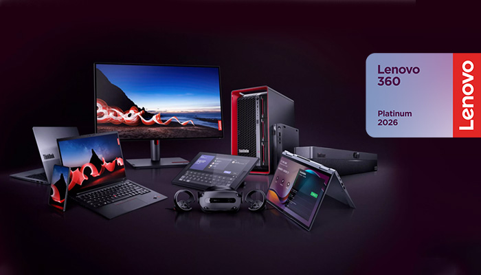 Verschiedene Lenovo Think-Geräte, darunter Laptops, ein Desktop-PC, Tablets und Zubehör, angeordnet auf einem dunklen Hintergrund. Rechts oben ist das Lenovo-Logo sowie die Bezeichnung "Lenovo 360 Intelligent Services 2026 Platinum" sichtbar.