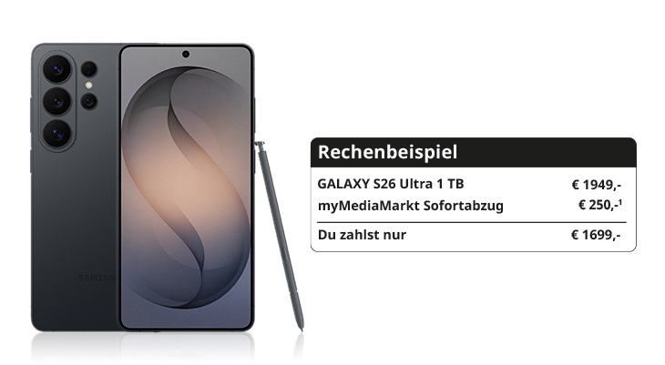 Abbildung eines Samsung Galaxy S26 Ultra Smartphones in Schwarz, mit zugehörigem Eingabestift (S Pen). Daneben eine Tabelle mit folgendem Rechenbeispiel: GALAXY S26 Ultra 1 TB – 1.949 € myMediaMarkt Sofortabzug – 250 € Du zahlst nur – 1.699 €