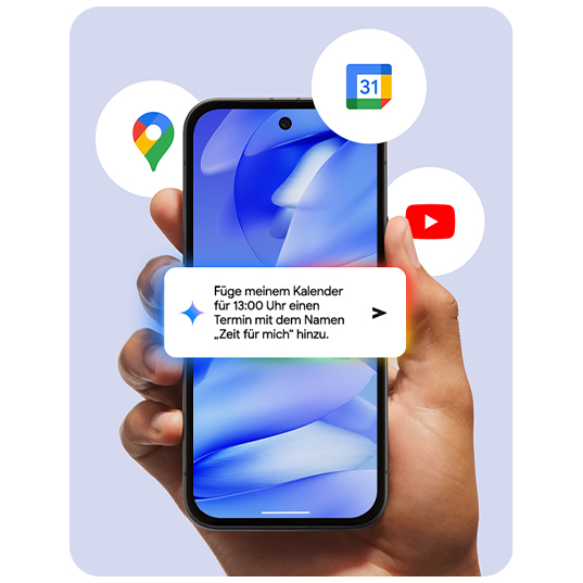 Ein Mobiltelefon zeigt eine Erinnerung an, die lautet: "Füge meinem Kalender für 13:00 Uhr einen Termin mit dem Namen Zeit für mich hinzu."