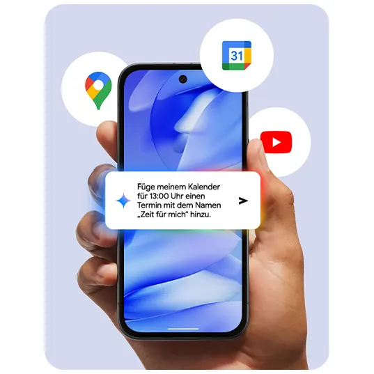 Ein Mobiltelefon zeigt eine Erinnerung an, die lautet: "Füge meinem Kalender für 13:00 Uhr einen Termin mit dem Namen Zeit für mich hinzu."
