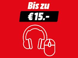 Grafik mit rotem Hintergrund: Oben steht in Weiß „Bis zu €15.-“, darunter ein weißes Icon eines Gaming Headsets und einer Gaming Maus