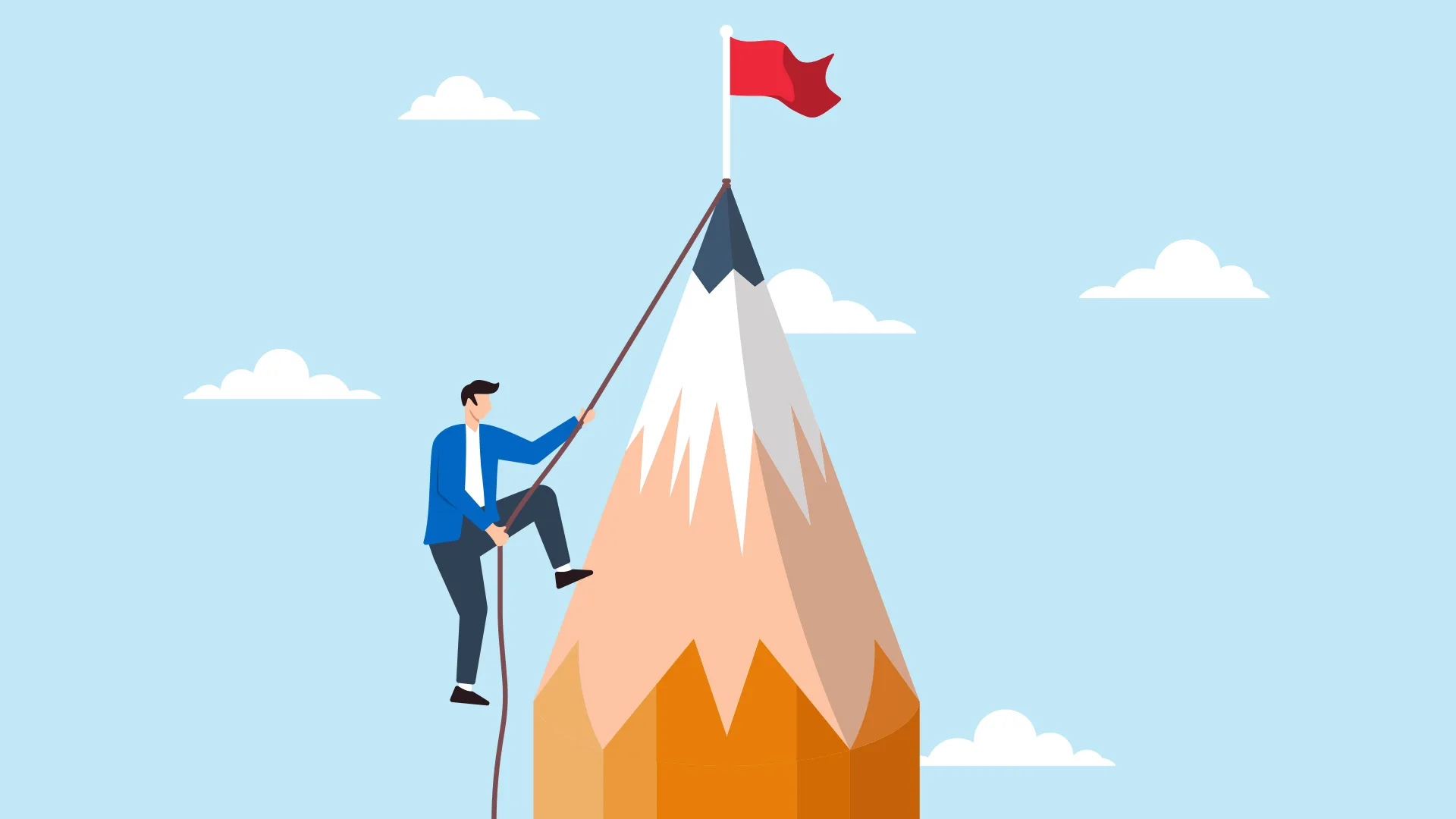 Bild mit Piktogrammen: Person klettert mit Seil auf einen riesigen Bleistift mit roter Flagge an der Spitze – Symbol für Weiterbildung