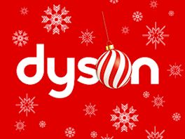 Bild mit rotem Hintergrund mit weißen Sternen drauf. In der Mitte steht das Dyson Logo und eine Weihnachtskugel.