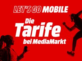 Bild mit rotem Hintergrund. Links im Bild steht eine Frau, rechts davon ein Mann. In der Mitter steht der Text: Let's Gp Mobile. Die Tarife bei MediaMarkt.