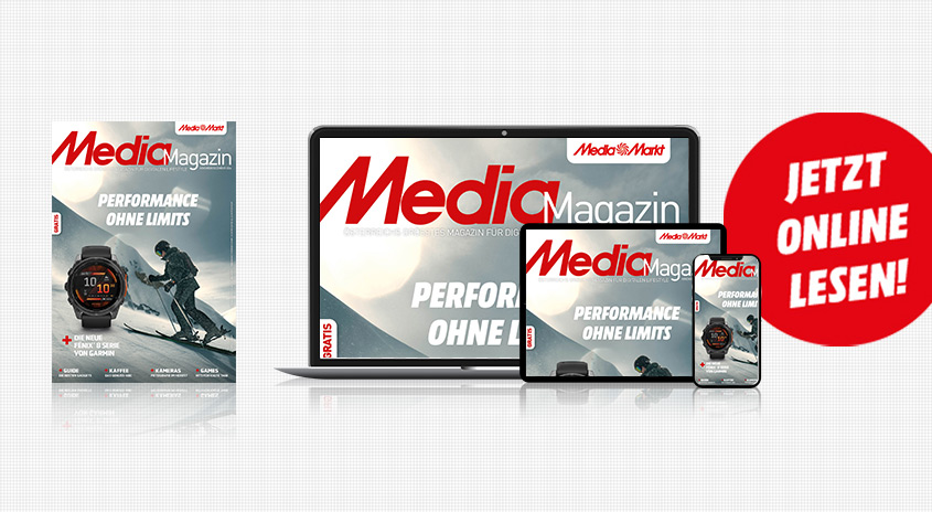Magazin, einen Laptop, ein Tablet und ein Smartphone mit dem gleichen Cover. Ein roter Kreis wirbt für Online-Lesen.