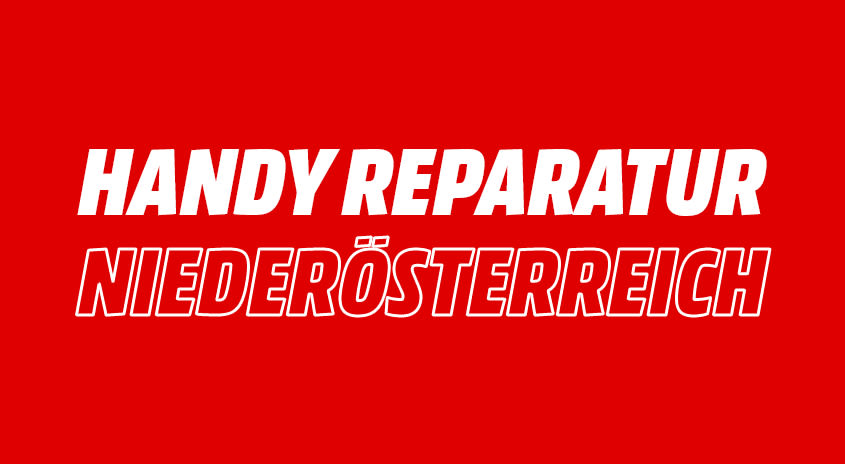 Bild mit rotem Hintergrund. Text im Bild: Handy Reparatur Niederösterreich