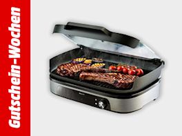 Werbebanner zu den Gutschein-Wochen mit einem Tischgriller vor grauem Hintergrund