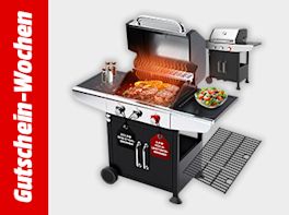 Werbebanner zu den Gutschein-Wochen mit einem Gasgriller vor grauem Hintergrund