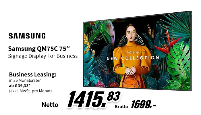 Ein 75-Zoll-Samsung-Display zeigt eine Frau in einem gelben Kleid vor tropischen Pflanzen. Die Preise sind Netto 1415,83 € und Brutto 1699 €.