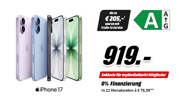 Apple iPhone 17 in mehreren Farben, Aktionspreis 919 Euro, mit Trade-in-Ersparnis bis 205 Euro und 0-Prozent-Finanzierung in 12 Monatsraten à 76,58 Euro exklusiv für myMediaMarkt Mitglieder.