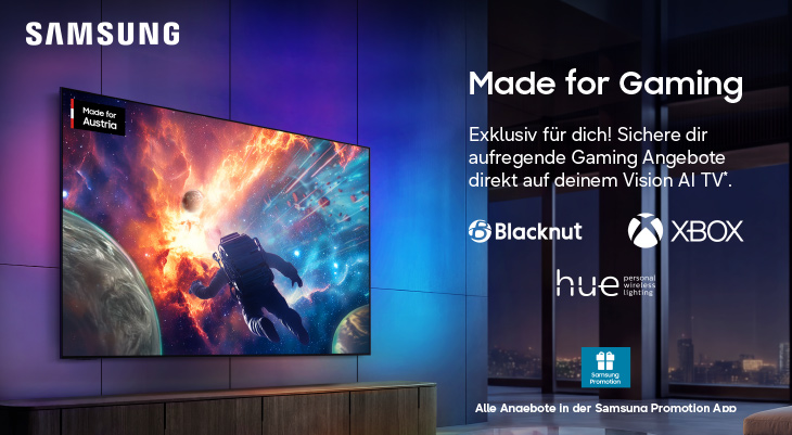 ade for Gaming“ – exklusive Gaming-Angebote auf dem Vision AI TV. Wand-TV mit Weltraum‑Game-Szene; Logos: Blacknut, Xbox und Hue; Badge „Made for Austria“; Hinweis: „Alle Angebote in der Samsung Promotion App