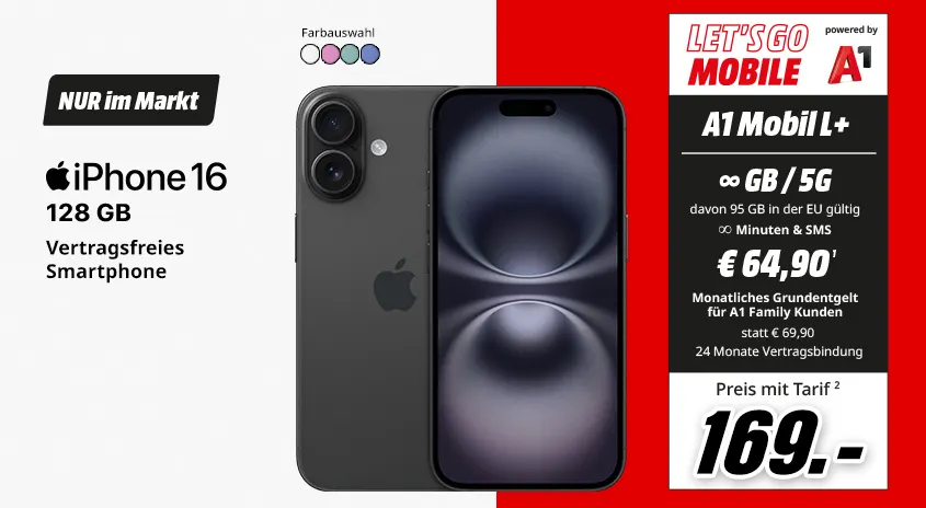 Apple iPhone 16, 128 GB, verschiedene Farben, vertragsfrei im Markt, mit Let's Go Mobile powered by A1 Mobil L+ Tarif um € 169,-