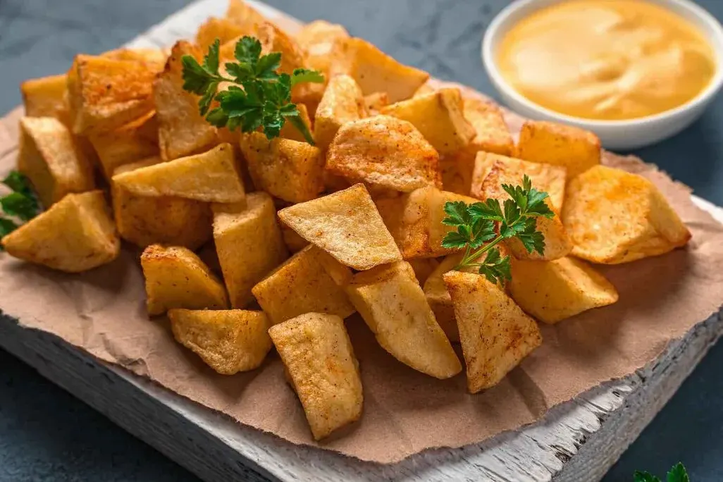 Knusprig gewürzte Kartoffelwürfel (Patatas Bravas), angerichtet auf Backpapier auf einem rustikalen weißen Holzbrett, garniert mit frischen Petersilienblättern. Im Hintergrund rechts ist eine kleine weiße Schüssel mit cremiger orangefarbener Aioli- oder Bravas-Sauce zu sehen. Das Gericht ist auf einem dunkelgrauen Untergrund arrangiert.