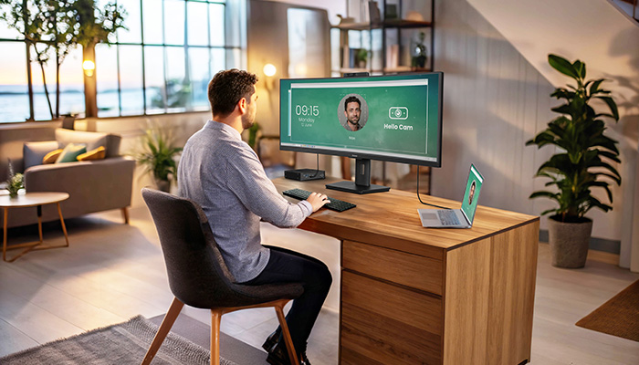  Ein Mann sitzt an einem Holzschreibtisch in einem hellen Home-Office; vor ihm steht ein großer iiyama-Desktop-Monitor mit einer Videoanruf-Oberfläche, daneben Tastatur, Maus und ein Laptop, im Hintergrund Sofa, große Fenster und Pflanzen.