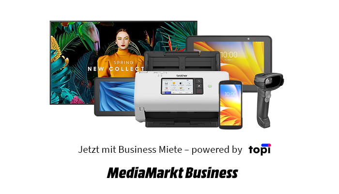 Einrichten von Bürotechnik: Scanner, Tablet, Smartphone, Monitor und Barcode-Scanner auf weißem Grund.