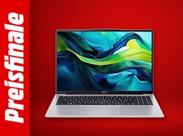 Bild mit rotem Hintergrund. Links steht: Preisfinale, daneben das Produktbild eines Notebooks.