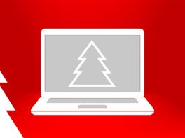 Weißes Piktogramm eines Notebook auf dessen Screen ein Piktogramm eines Weihnachtsbaumes zu sehen ist, vor weihnachtlich-rotem Hintergrund.