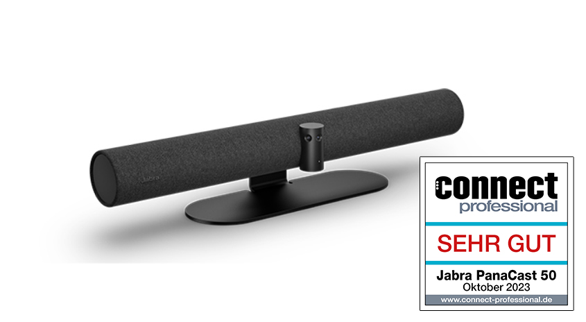 PanaCast 50 Lautsprecher, rechts daneben befindet sich ein Label mit der Bewerbung "Sehr Gut" von Connect Professional im Oktobe 2023