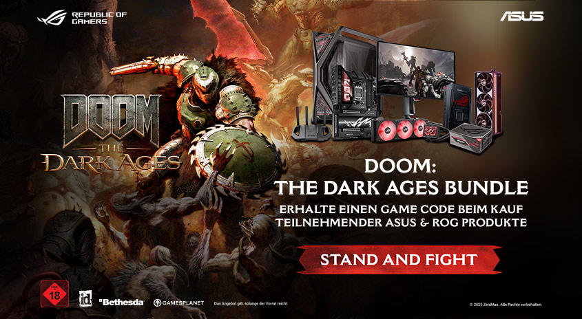 Werbung für das "Doom: The Dark Ages"-Bundle mit Computern, Monitoren und Grafikkarten. Logos von ASUS und Republic of Gamers.