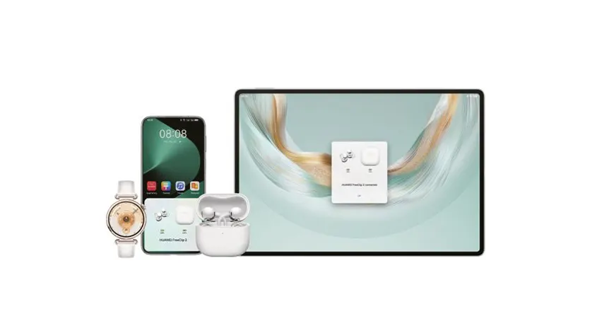 Produktabbildung eines Huawei-Ökosystems: Smartwatch, Smartphone, kabellose In‑Ear-Kopfhörer im Ladecase und Tablet, auf dessen Display die Kopfhörer als verbundenes Gerät angezeigt werden.