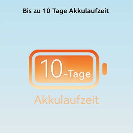 Icon eines Akkus. Text: Bis zu 10 Tage Akkulaufzeit.