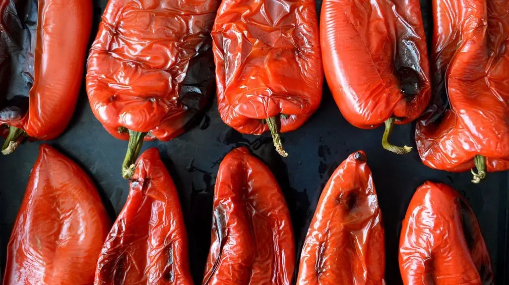 Geröstete rote Paprikaschoten mit dunklen Stellen auf Backblech