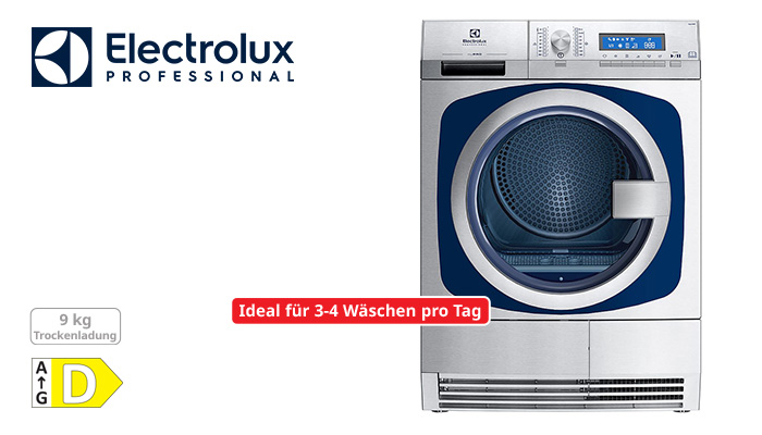 Electrolux Professional Gewerbe-Wäschetrockner in Edelstahl mit blauer Trommel und Bedienpanel, 9 kg Trockenladung, Energieeffizienzklasse D, Werbebanner "Ideal für 3-4 Wäschen pro Tag"