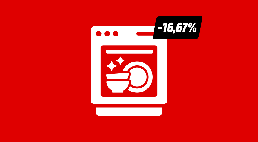 Grafik mit einem weißen Geschirrspüler auf rotem Hintergrund. Oben rechts steht in einem schwarzen Einklinker die Aussage„-16,67 %“.