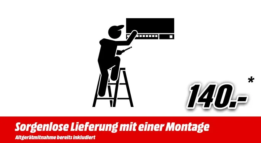 Ein Mann auf einer Leiter montiert ein schwarzes Gerät an der Wand. Im Vordergrund steht der Preis: 140.