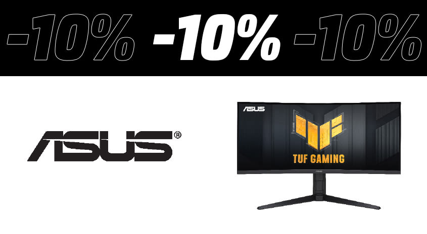 Bild mit schwarz-weißem Hintergrund. Im oberen Teil des Bildes steht -10%. Darunter ist in Gaming Monitor zu sehen, links davon ist das Logo von Asus platziert