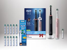 Produktbild von einem elektrischen Zahnbürstenset und einer Ersatzbürsten-Packung.