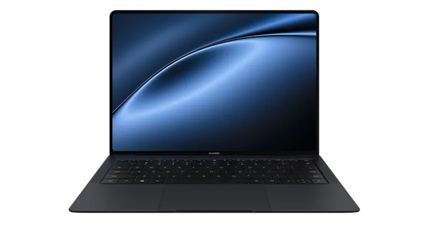 Ein geöffneter schwarzer Laptop steht auf einem weißen Hintergrund und zeigt ein blaues Muster auf dem Bildschirm.