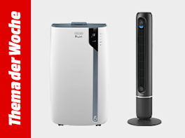 Weißes, mobiles Klimagerät mit Bedienfeld neben schlankem, schwarzem Turmventilator; links roter Balken „Thema der Woche“.