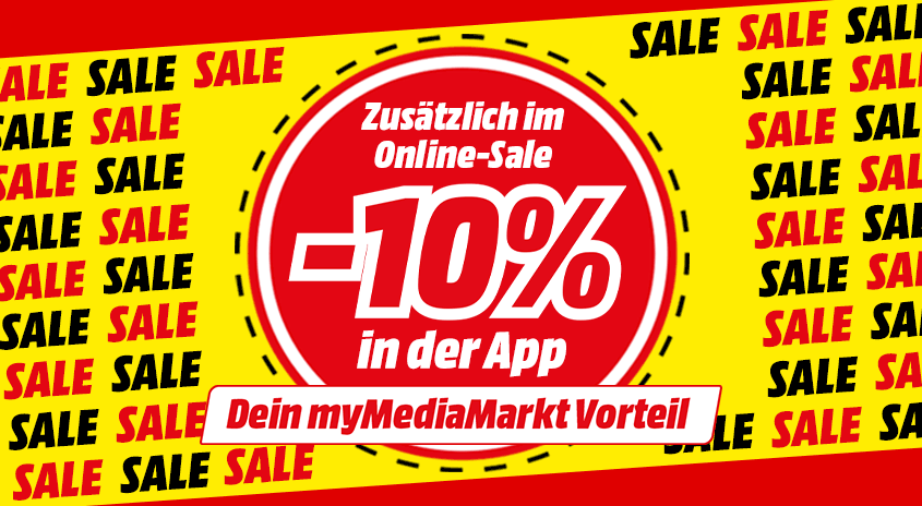 Bild mit gelb‑rotem SALE‑Hintergrund und rotem Kreis: weißer Text „Zusätzlich im Online‑Sale –10 % in der App“, darunter Balken „Exklusiv für myMediaMarkt‑Mitglieder“.