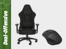 Produktbild von einem schwarzen Gaming-Stuhl und einer kabellosen Gaming-Maus