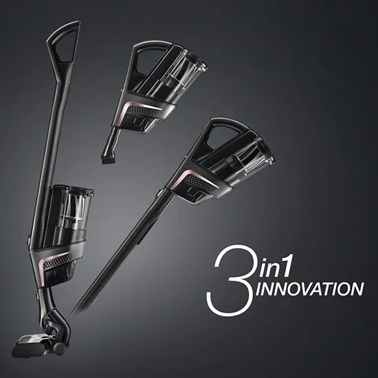 Drei schwarze Staubsauger auf grauem Hintergrund, die "3 in 1 INNOVATION" beschreiben.