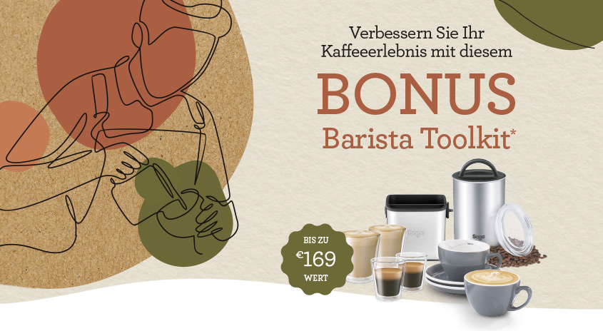 Werbung für ein Barista-Toolkit mit Kaffeetassen, einem Behälter und einem Bohnenbehälter auf beigem Hintergrund.