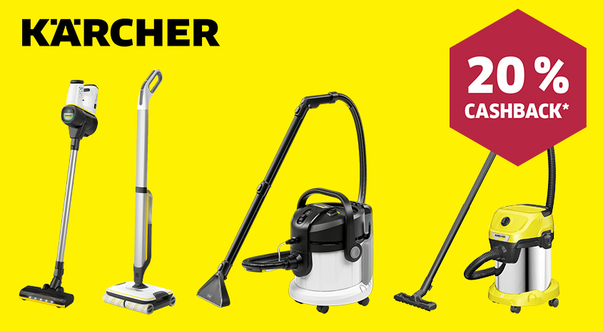 Gelber Hintergrund mit 4 verschiedenen Kärcher Reinigungsprodukte und ein Einklinker : 20 % Cashback